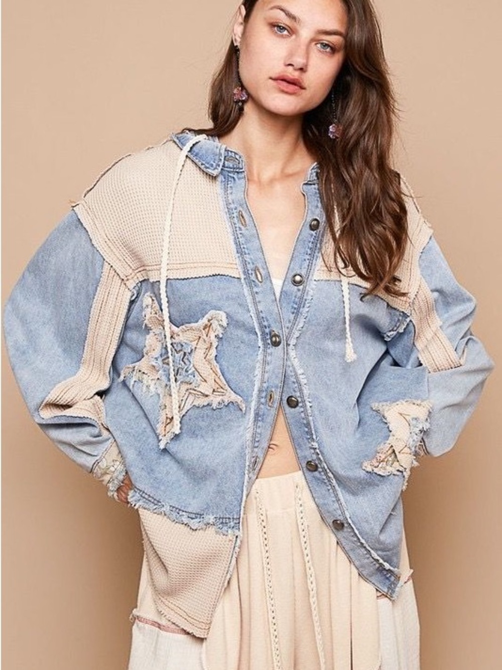 POL Two-Tone  Denim & Knit Hoodie Jacket - Light Blue & Beige